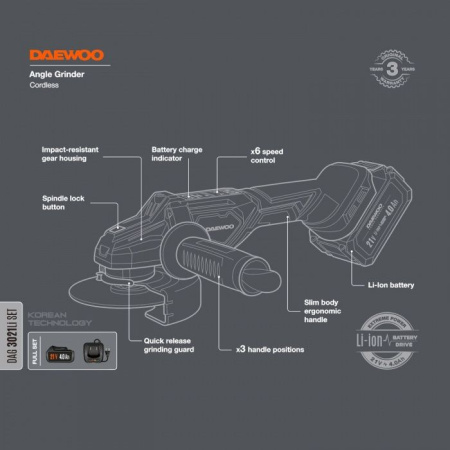 Углошлифмашина аккумуляторная DAEWOO DAG 3021Li SET